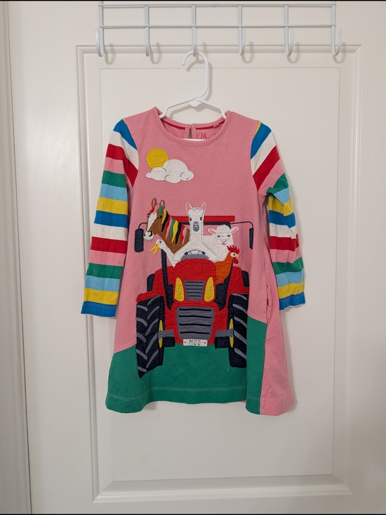 Mini Boden Other - Mini Boden Pink Rainbow Striped Farm Animal Tractor Applique Long Sleeve Dress